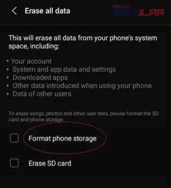 Opsi Erase All Data untuk menghapus semua data